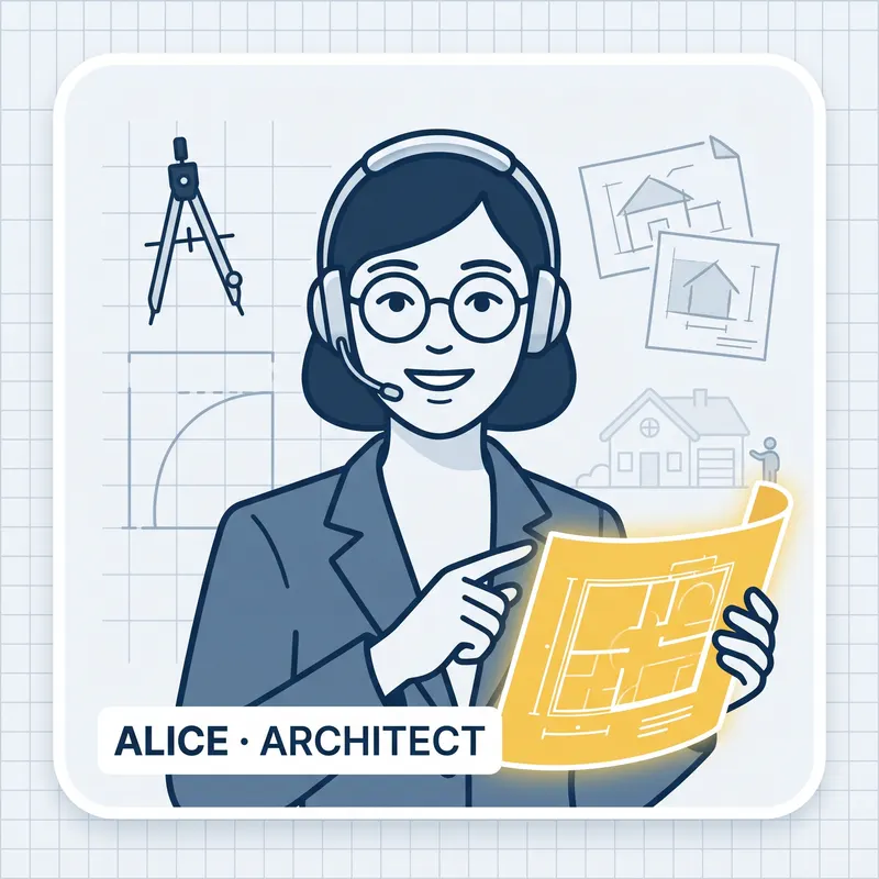 Alice, the Architect, wearing a headset and glasses, pointing at a yellow blueprint