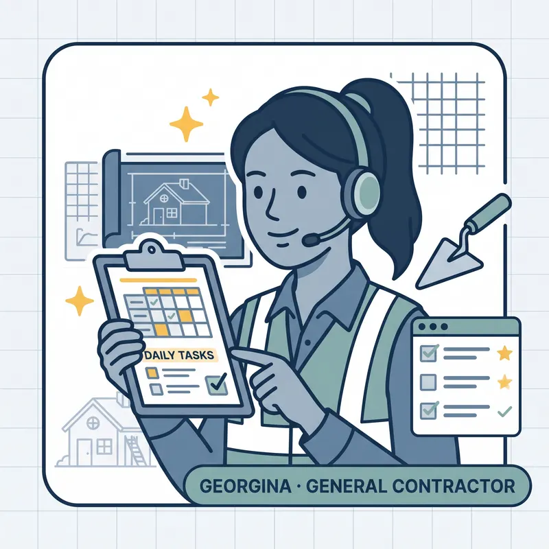 Georgina, the General Contractor, wearing a headset and a safety vest, pointing at a clipboard of daily tasks