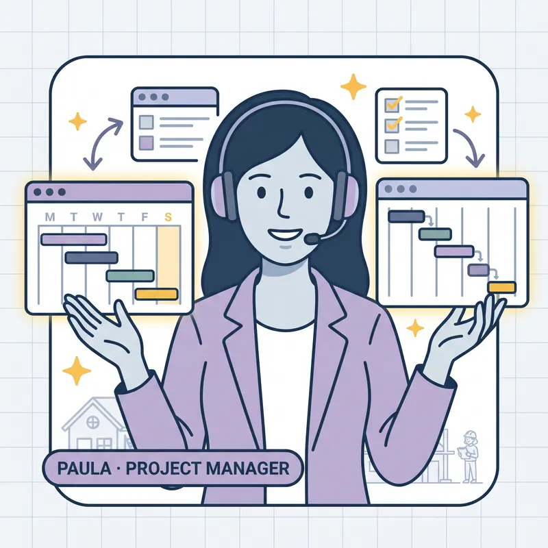 Paula, the Project Manager, wearing a headset, standing between two schedule charts