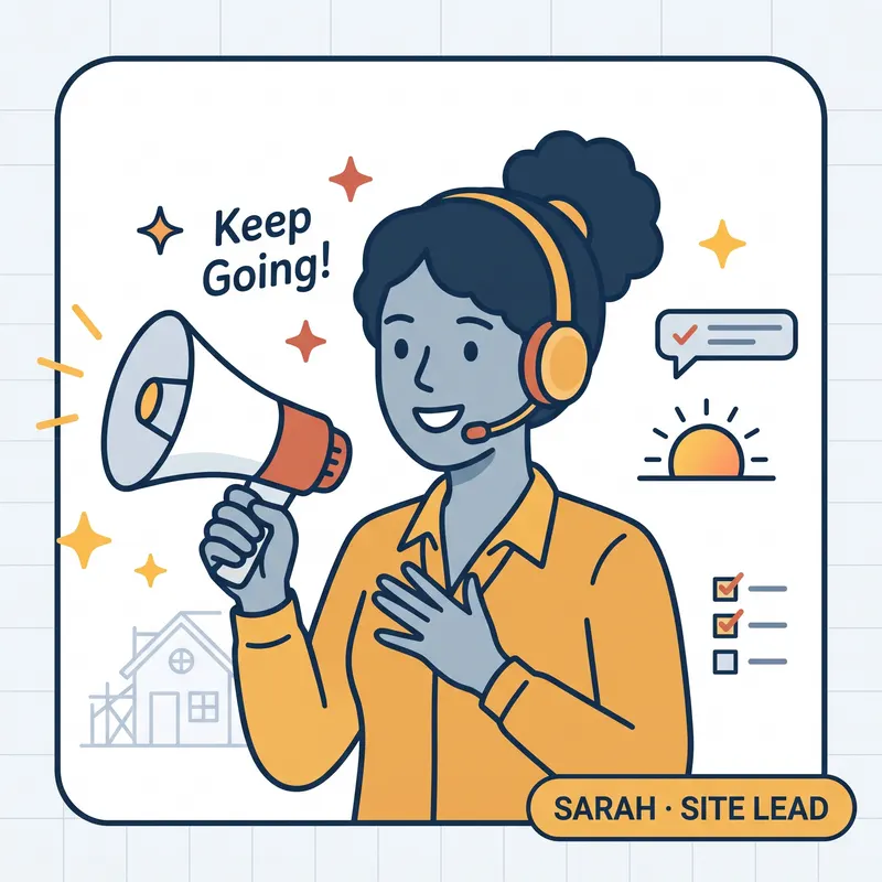 Sarah, the Site Lead, wearing a headset and holding a megaphone that says Keep going